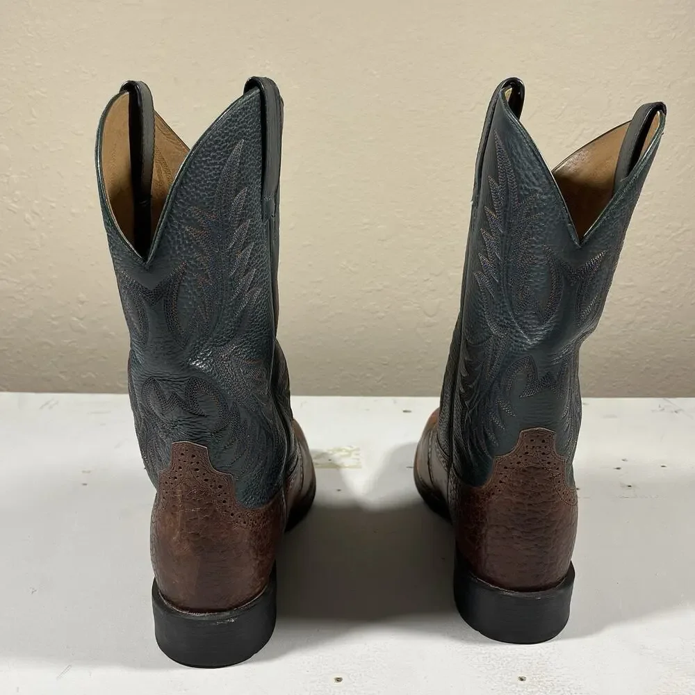 Ariat Western Cowboy Boots Brown Blue Leather Square Toe Men’s 9.5 EE
